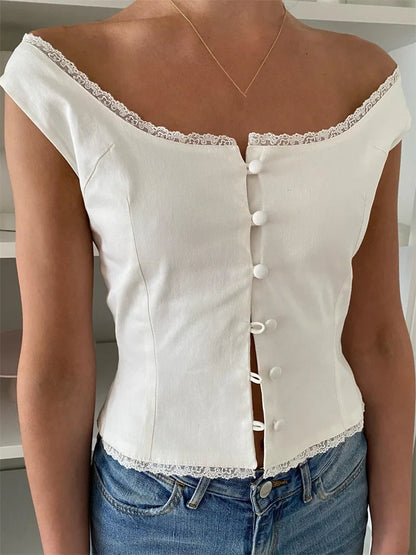 Blouses- Lace Trim Sleeveless Blouse with Scoop Neck & Off-Shoulder Style- White- Pekosa Women Fashion