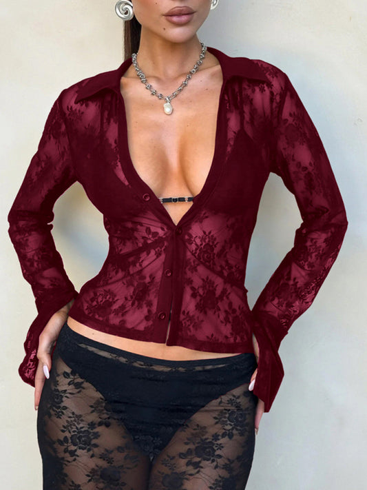 Blouses - Lace V-Neck Blouse See-through Business Casual Top