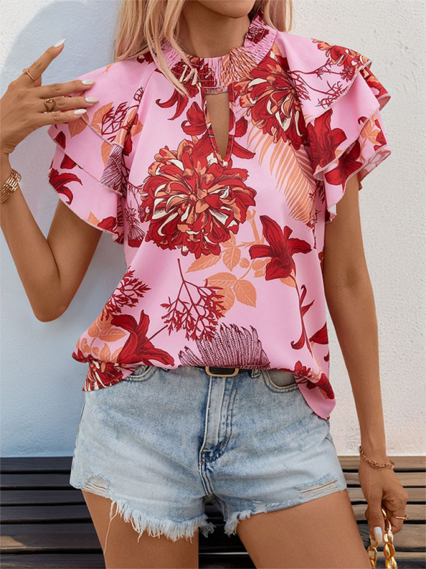 Layered Sleeve Blouse - Women's Floral Print Top