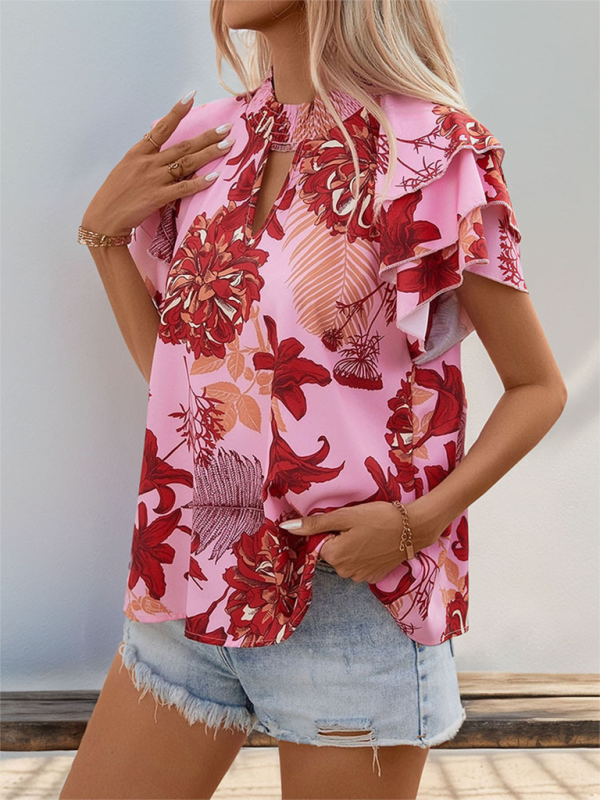 Layered Sleeve Blouse - Women's Floral Print Top