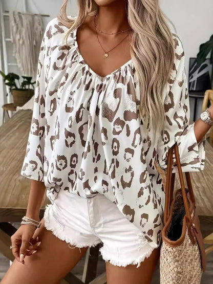 Blouses - Leopard Print Loose Blouse with 3/4 Sleeves