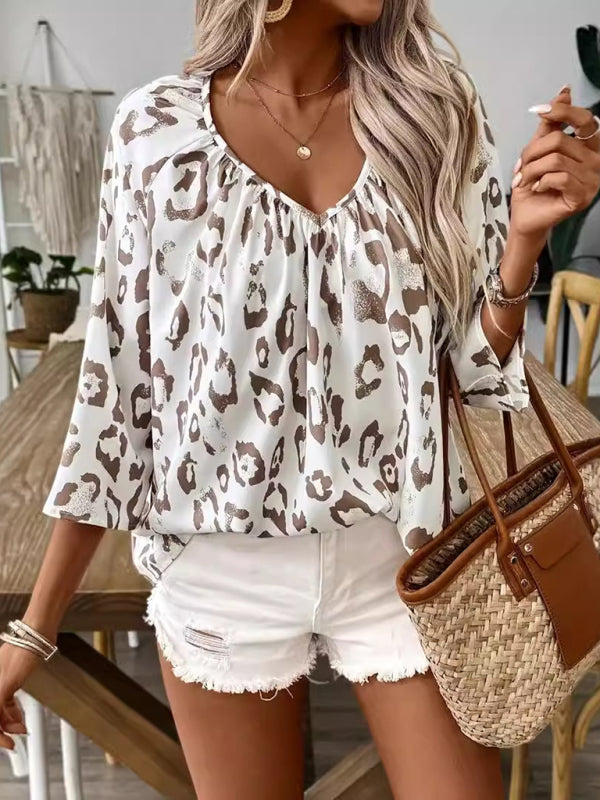 Blouses - Leopard Print Loose Blouse with 3/4 Sleeves