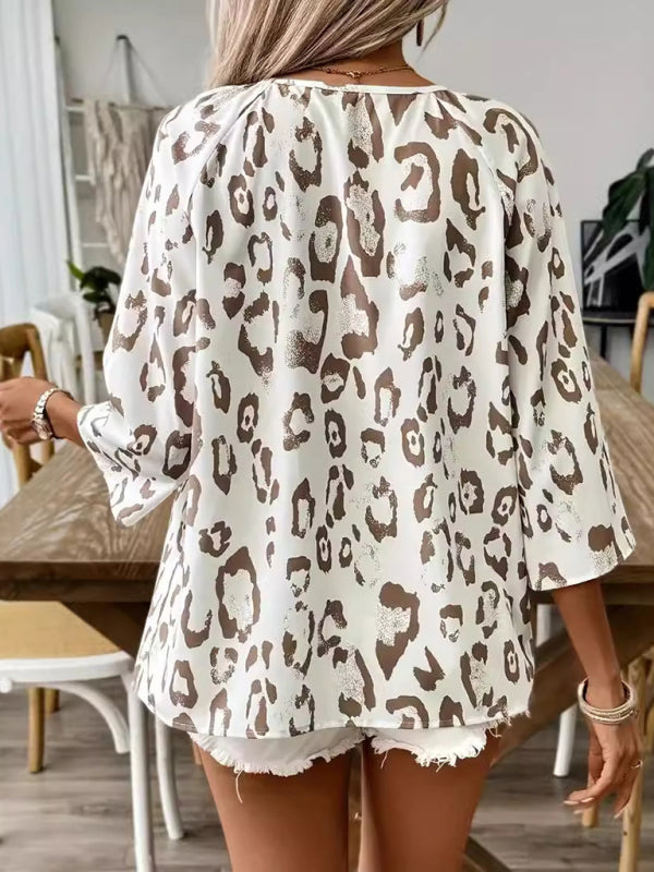 Blouses - Leopard Print Loose Blouse with 3/4 Sleeves