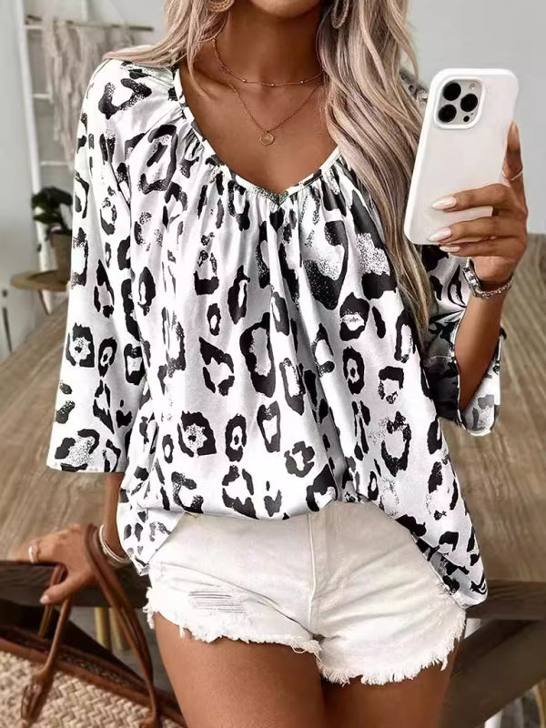 Blouses - Leopard Print Loose Blouse with 3/4 Sleeves