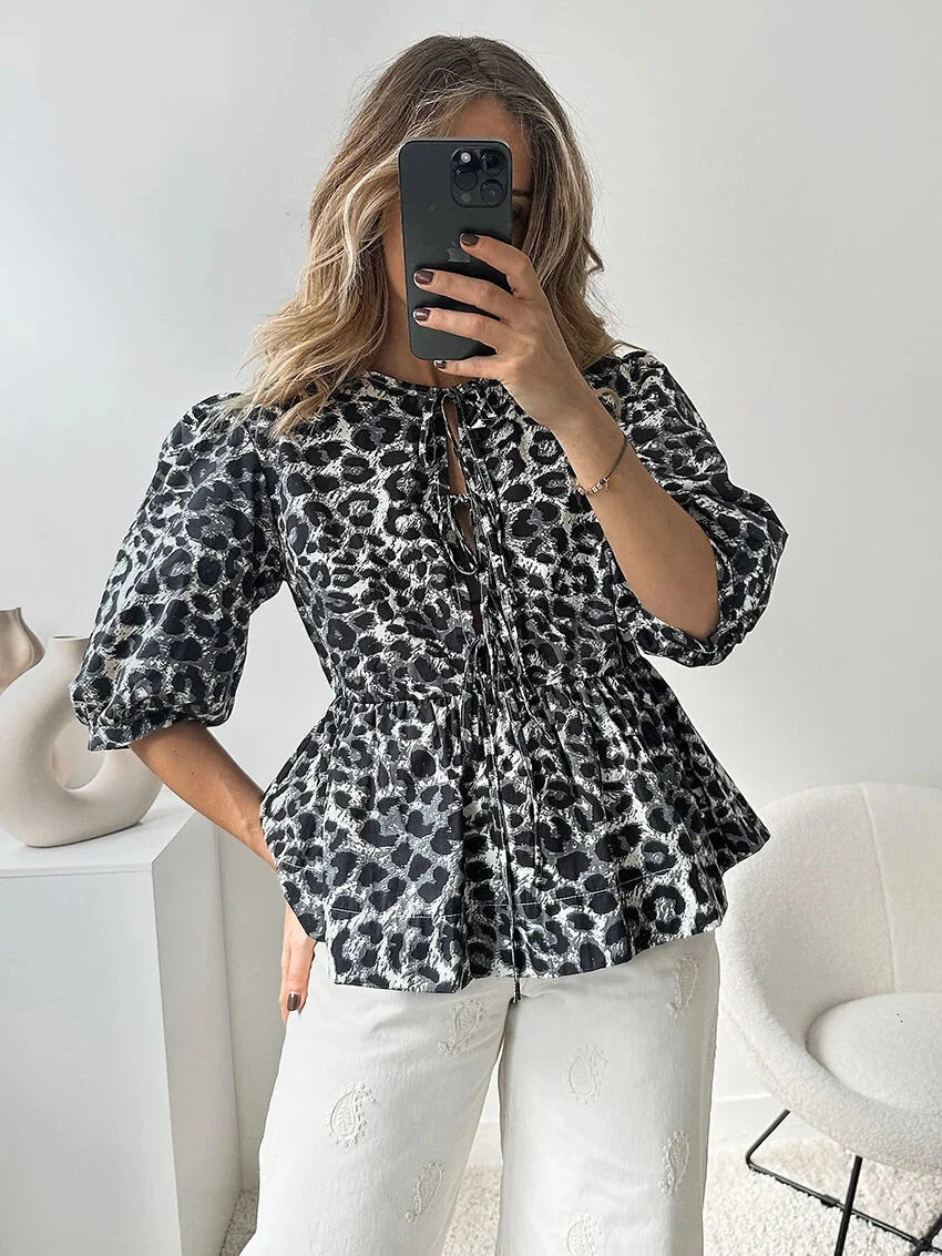 Blouses- Leopard Print Tie-Up Peplum Blouse- Gray- Pekosa Women Fashion