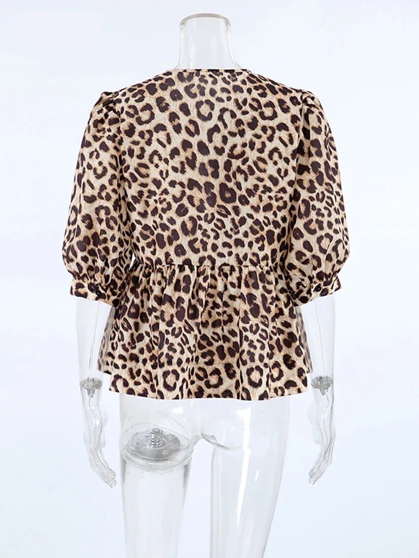 Blouses- Leopard Print Tie-Up Peplum Blouse- - Pekosa Women Fashion