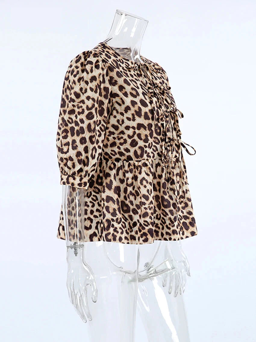 Blouses- Leopard Print Tie-Up Peplum Blouse- - Pekosa Women Fashion