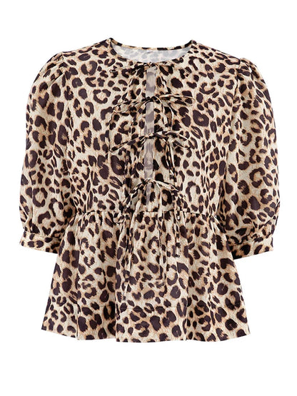 Blouses- Leopard Print Tie-Up Peplum Blouse- - Pekosa Women Fashion