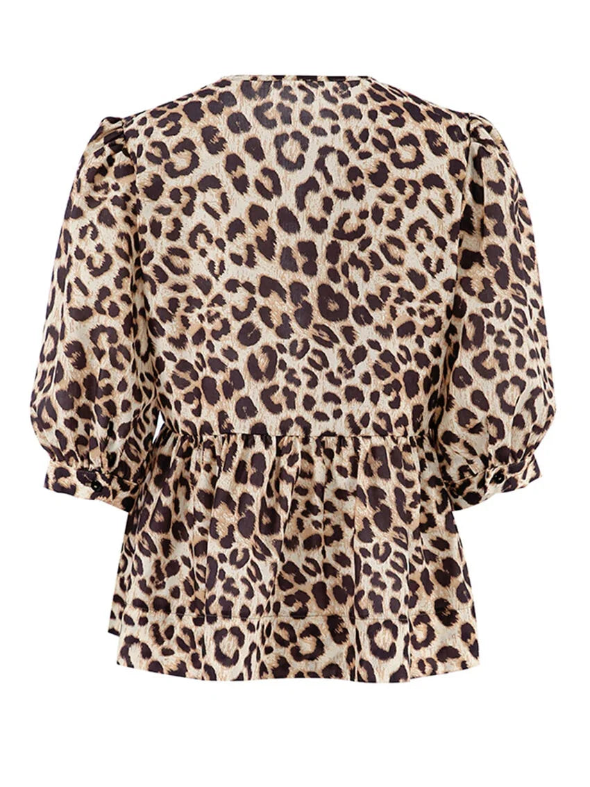 Blouses- Leopard Print Tie-Up Peplum Blouse- - Pekosa Women Fashion