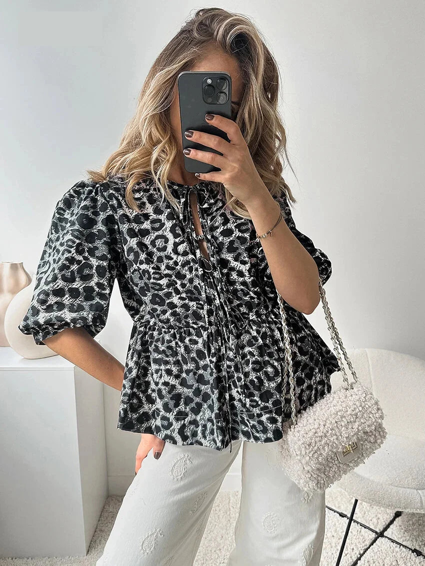 Blouses- Leopard Print Tie-Up Peplum Blouse- - Pekosa Women Fashion