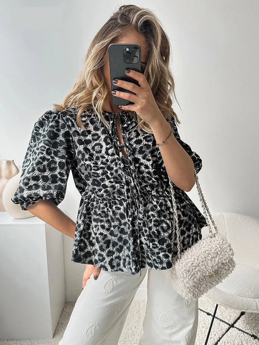 Blouses- Leopard Print Tie-Up Peplum Blouse- - Pekosa Women Fashion