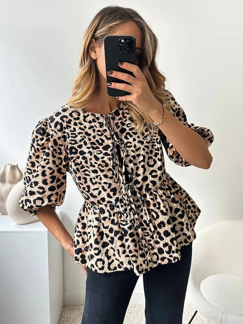 Blouses- Leopard Print Tie-Up Peplum Blouse- Khaki- Pekosa Women Fashion