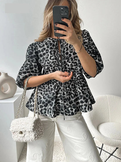 Blouses- Leopard Print Tie-Up Peplum Blouse- - Pekosa Women Fashion