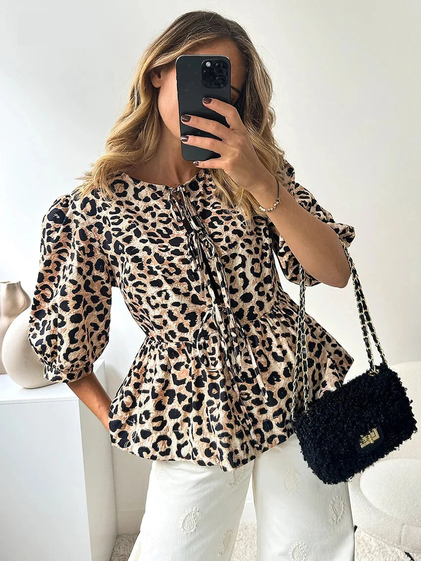 Blouses- Leopard Print Tie-Up Peplum Blouse- - Pekosa Women Fashion