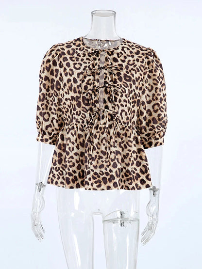 Blouses- Leopard Print Tie-Up Peplum Blouse- - Pekosa Women Fashion