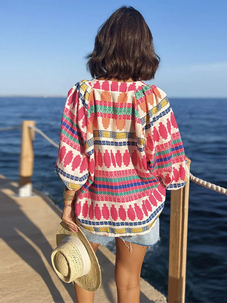 Blouses- Long Sleeve Colorful Geometric Print Blouse- - Chuzko Women Clothing