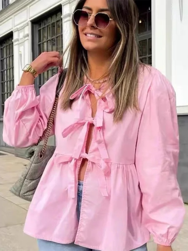 Blouses- Lace-Up Long Sleeve Blouse for Casual Wear- Pink- Pekosa Women Fashion