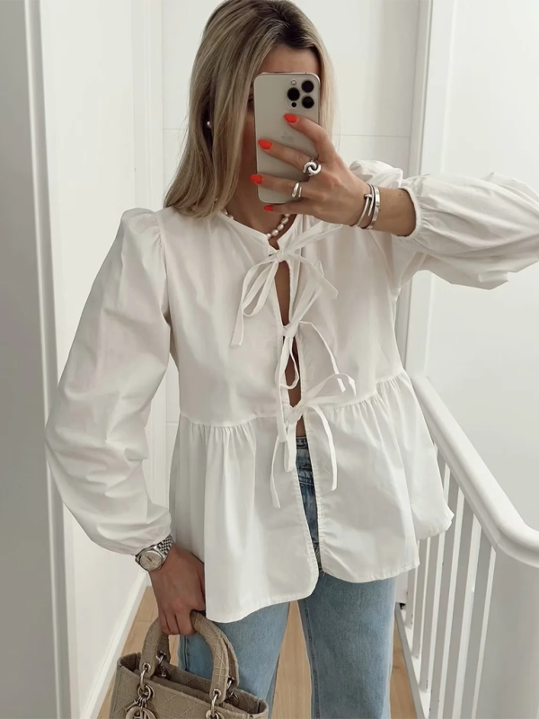 Blouses- Lace-Up Long Sleeve Blouse for Casual Wear- White- Pekosa Women Fashion