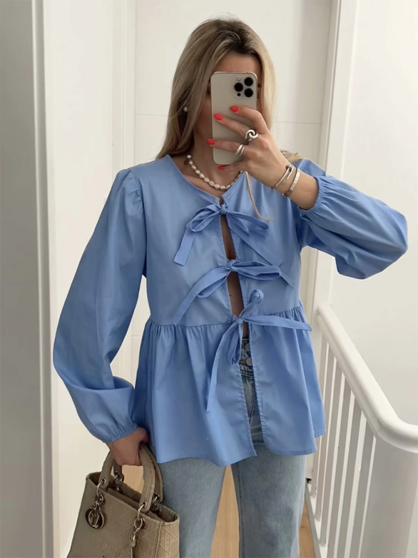 Blouses- Lace-Up Long Sleeve Blouse for Casual Wear- Blue- Pekosa Women Fashion