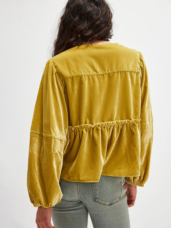 Blouses - Mustard Velvet Peplum Blouse Tie-Up Velour Top