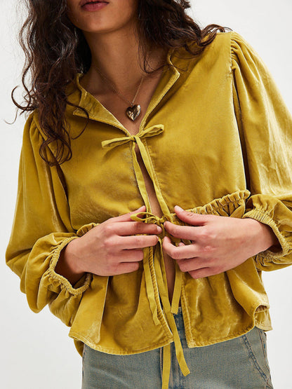 Blouses - Mustard Velvet Peplum Blouse Tie-Up Velour Top