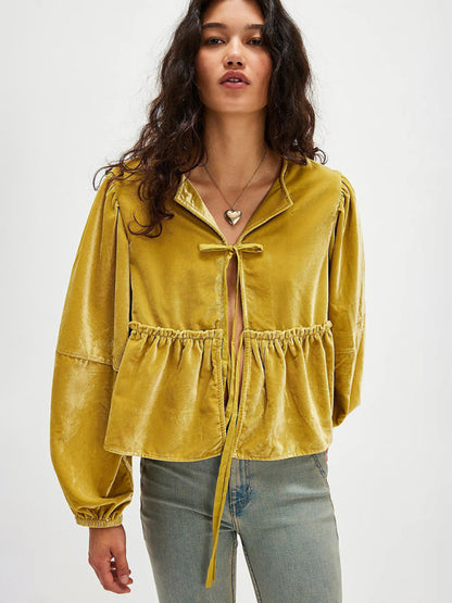 Blouses - Mustard Velvet Peplum Blouse Tie-Up Velour Top