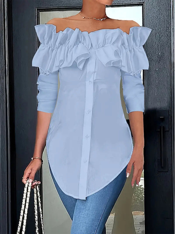 Blouses - Off-Shoulder Ruffle Blouse Tailored Long Sleeve Top