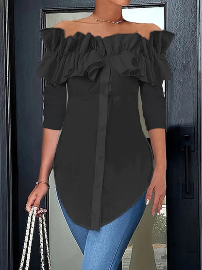 Blouses - Off-Shoulder Ruffle Blouse Tailored Long Sleeve Top