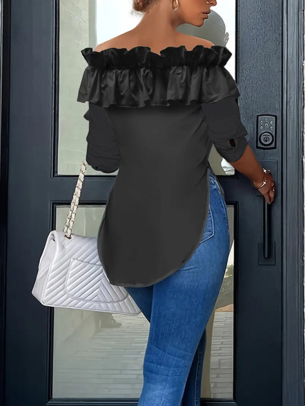 Blouses - Off-Shoulder Ruffle Blouse Tailored Long Sleeve Top