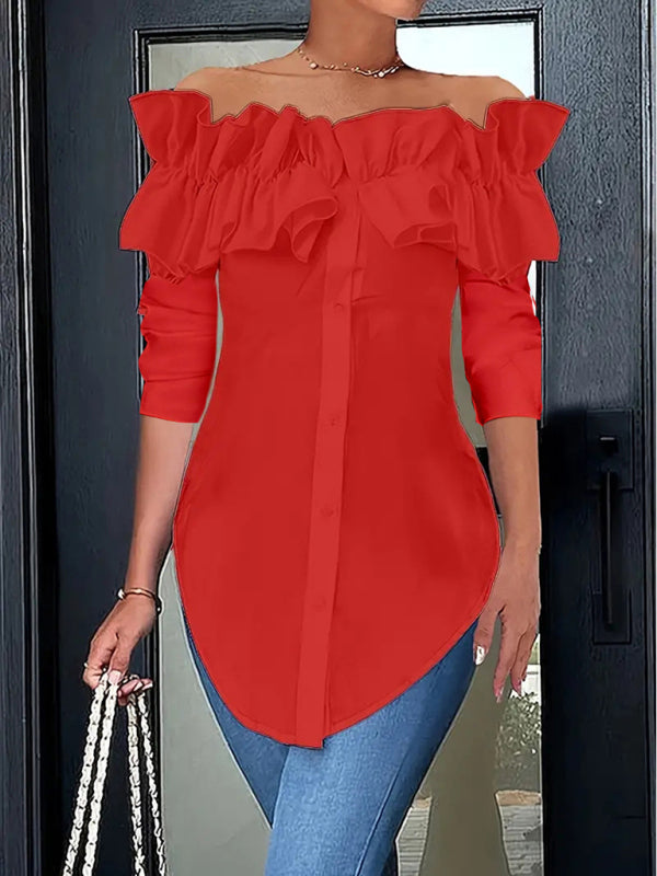 Blouses - Off-Shoulder Ruffle Blouse Tailored Long Sleeve Top