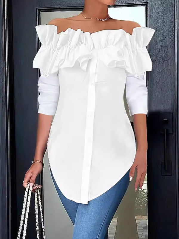 Blouses - Off-Shoulder Ruffle Blouse Tailored Long Sleeve Top