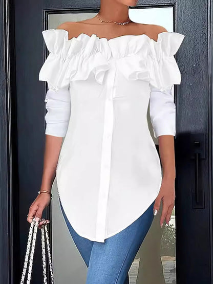 Blouses - Off-Shoulder Ruffle Blouse Tailored Long Sleeve Top