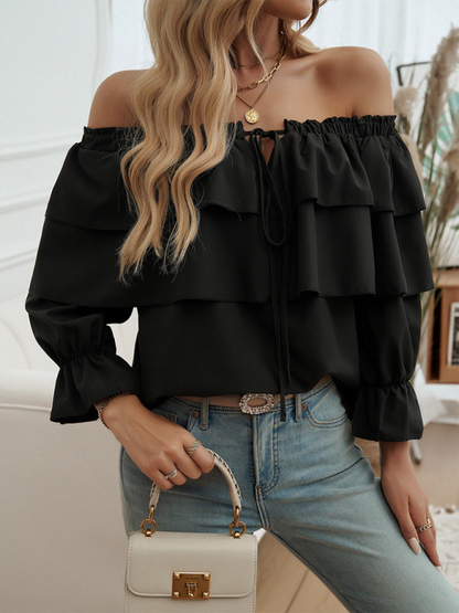 Blouses- Off-Shoulder Ruffle Blouse with Long Sleeves- Black- Pekosa Women Fashion