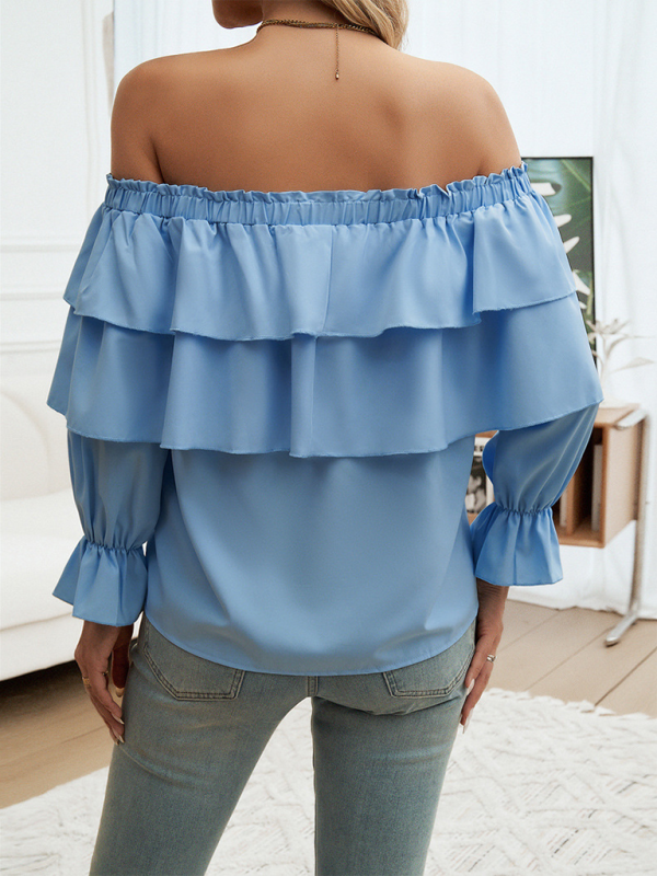 Blouses- Off-Shoulder Ruffle Blouse with Long Sleeves- - Pekosa Women Fashion