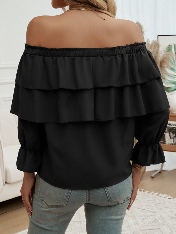 Blouses- Off-Shoulder Ruffle Blouse with Long Sleeves- - Pekosa Women Fashion