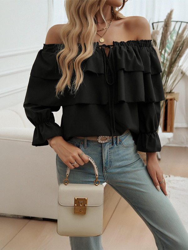 Blouses- Off-Shoulder Ruffle Blouse with Long Sleeves- - Pekosa Women Fashion