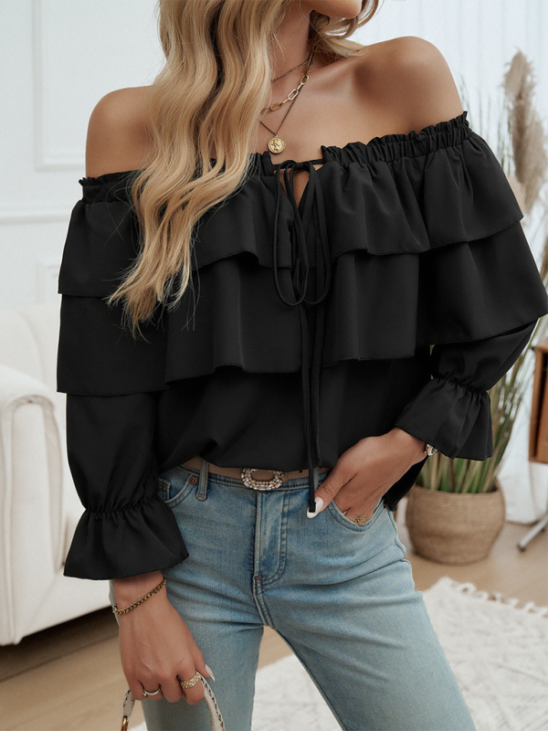 Blouses- Off-Shoulder Ruffle Blouse with Long Sleeves- - Pekosa Women Fashion