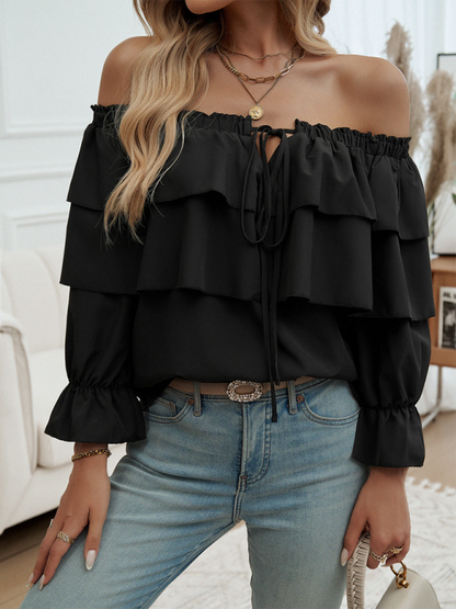 Blouses- Off-Shoulder Ruffle Blouse with Long Sleeves- - Pekosa Women Fashion