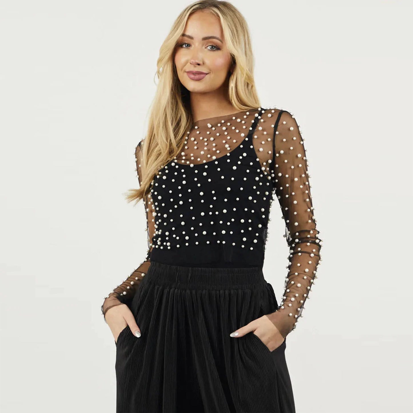 Blouses- Sheer Top with Pearl Embellishments for a Night Out- Black- Pekosa Women Fashion