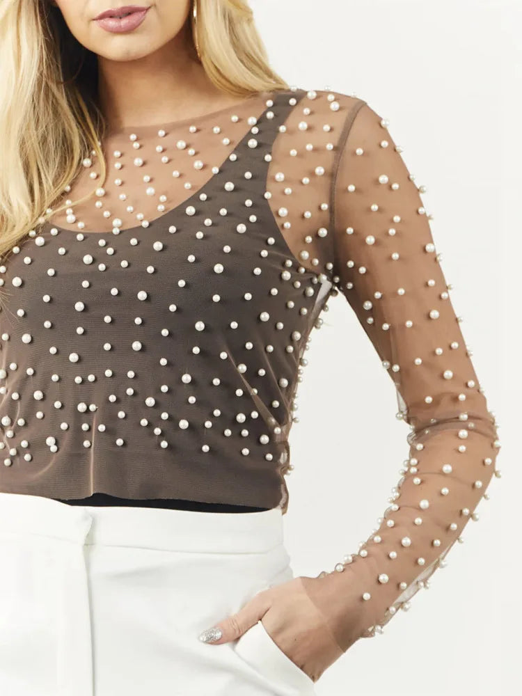 Blouses- Sheer Top with Pearl Embellishments for a Night Out- - Pekosa Women Fashion