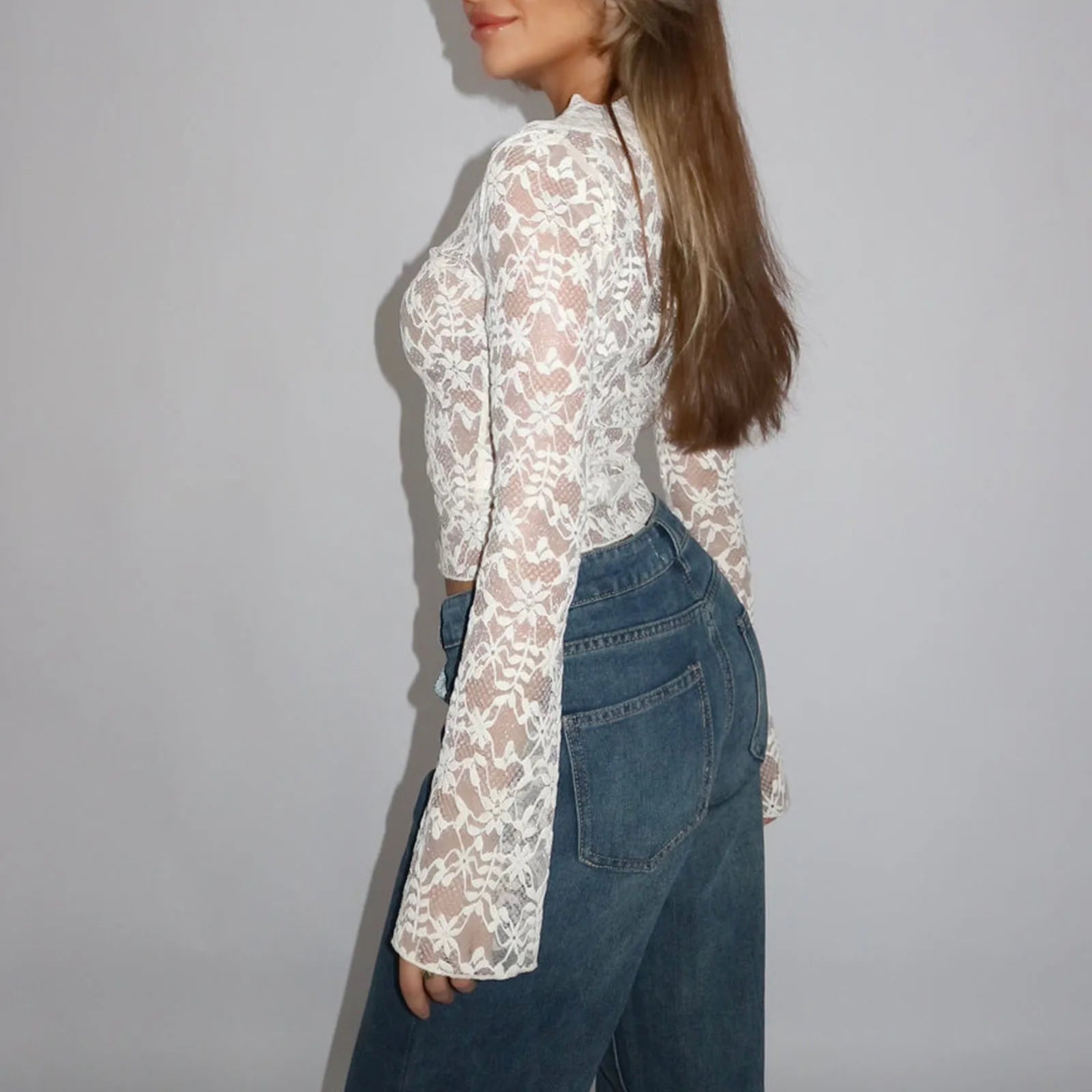 Blouses - Romantic Spring See-Through Lace Blouse with Flared Sleeves