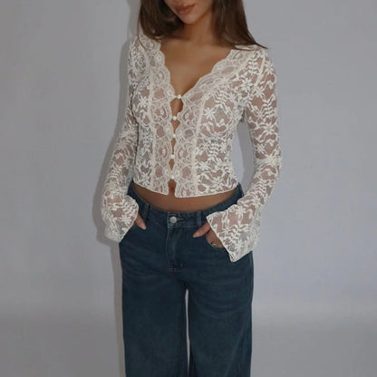 Blouses - Romantic Spring See-Through Lace Blouse with Flared Sleeves