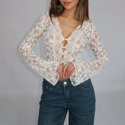 Blouses - Romantic Spring See-Through Lace Blouse with Flared Sleeves