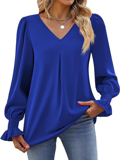 Blouses - Romantic V-Neck Chiffon Blouse with Ruffle Cuffs