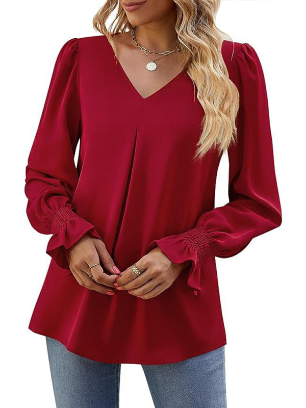 Blouses - Romantic V-Neck Chiffon Blouse with Ruffle Cuffs