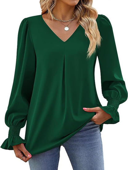 Blouses - Romantic V-Neck Chiffon Blouse with Ruffle Cuffs