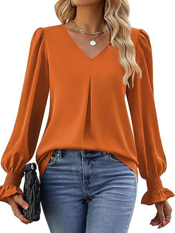 Blouses - Romantic V-Neck Chiffon Blouse with Ruffle Cuffs