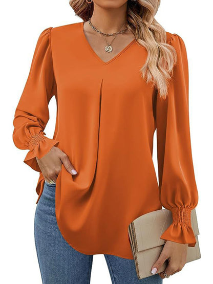 Blouses - Romantic V-Neck Chiffon Blouse with Ruffle Cuffs