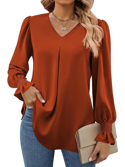 Blouses - Romantic V-Neck Chiffon Blouse with Ruffle Cuffs