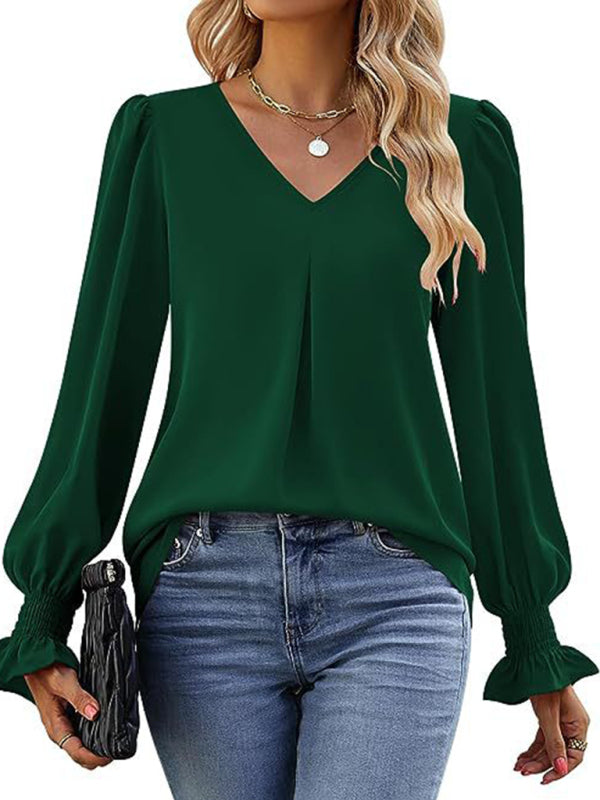 Blouses - Romantic V-Neck Chiffon Blouse with Ruffle Cuffs